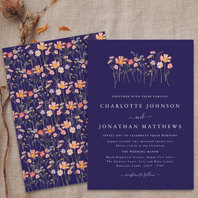 Convites Terracota Azul Marinho Boho Flores Silvestres Casa (Boho fall Wildflower floral navy blue terracotta blush pink orange Wedding invitation)
