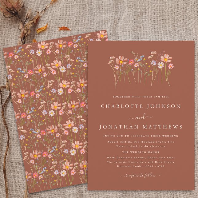 Convites Terracota Bege Laranja Flores Silvestres de Outono (Boho fall Wildflower floral beige terracotta Wedding invitation Watercolor garden meadow flowers )