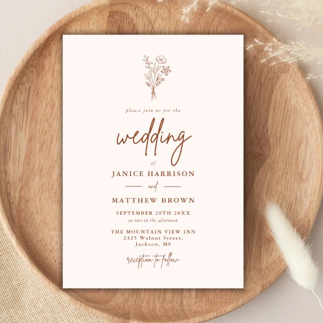 Convites Terracota Botânicos Minimalistas Boho Casamento (Terracotta boho botanical wedding invitation adds earthy warmth while welcoming guests beautifully.)