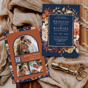 Convites Terracota Código QR de Foto Floral Azul Marinho Ca