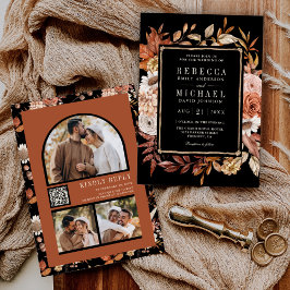 Convites Terracota Código QR de Foto Floral Preto Casamento