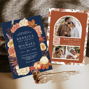 Convites Terracota Código QR Floral de Abóbora Casamento Az