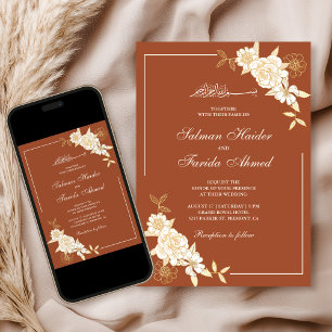 Convites Terracota Creme Ramo Floral Casamento Muçulmano
