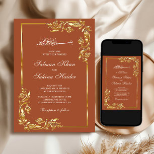 Convites Terracota Dourado Fronteira Floral Casamento Islâm