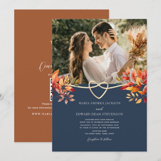 Convites Terracota e Azul Marinho Casamento Rústico de Outo (Frente/Verso)