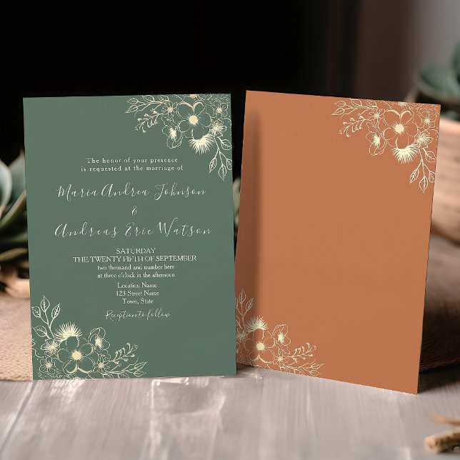 Convites Terracota e Casamento Floral em Verde Oliva (Criador carregado)