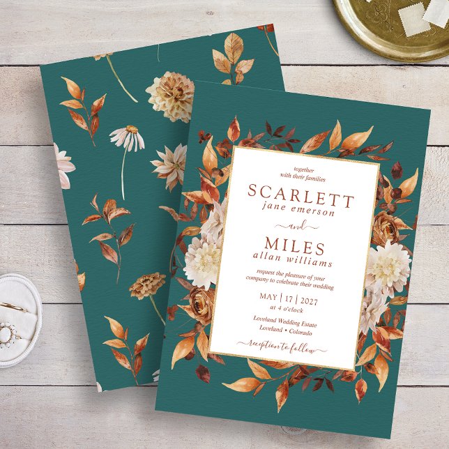 Convites Terracota em Tom Azul Turquesa Floral Aquarela Cas (Teal Fall Terracotta Watercolor Floral Wedding Invitation by Painted Paperie
)