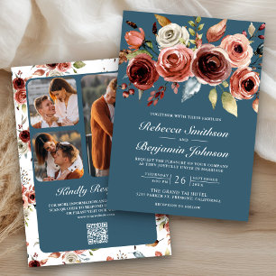 Convites Terracota Floral Azul Poeirento Código QR Casament