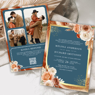 Convites Terracota Floral Azul Poeirento Código QR Foto Cas