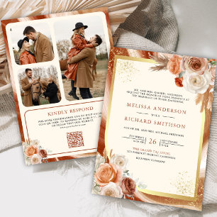 Convites Terracota Floral Creme Dourado Código QR Foto Casa