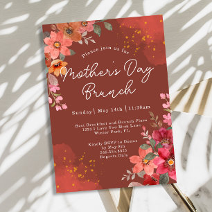 Convites Terracota Floral Dourado Pêssego Brunch do Dia das