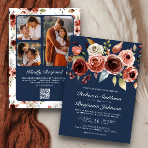 Convites Terracota Floral Naval Código QR Aquarela Casament