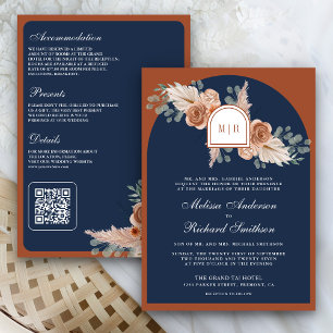 Convites Terracota Floral Pampas Azul Marinho Código QR Cas