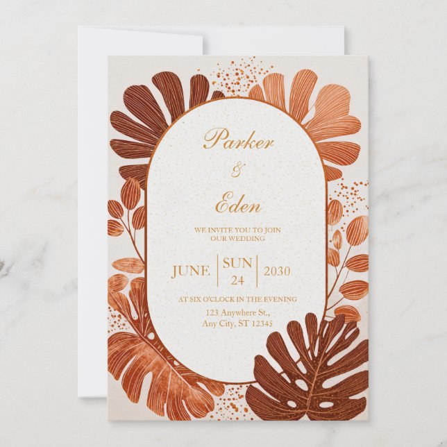 Convites Terracota Linha Monstera Arco Dourado Casamento (Frente)