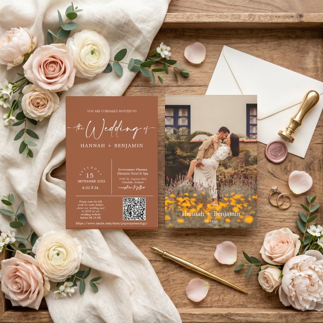 Convites Terracota Moderno Boho Mínimo Arco Código QR Foto (Criador carregado)