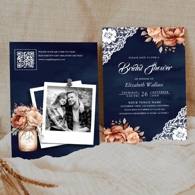 Convites Terracota Naval Código QR Fotográfico Floral Chá d (Criador carregado)