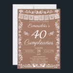 Convites Terracotta 40 Cumpleaños Birthday Party<br><div class="desc">Toast to 40 wonderful years with this elegant Mexican-inspired milestone birthday invitation! Featuring a personalized name header, bold "40 Cumpleaños" text, a white papel picado banner, intricate folk art floral border, and two lovebirds at the bottom on a warm terracotta brown background. Written in Spanish, this invitation beautifully blends modern...</div>