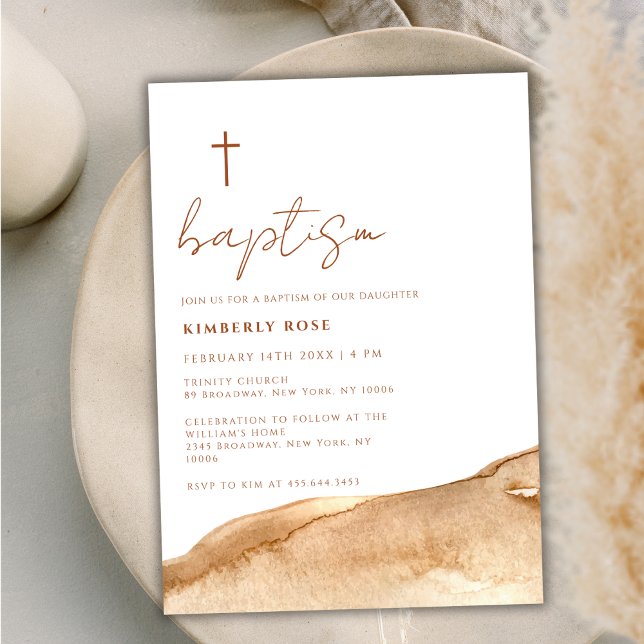 Convites Terracotta Abstrato Cross Baptism Neutro Elegante (Elegant Neutral Terracotta Abstract Cross Baptism Invitation)