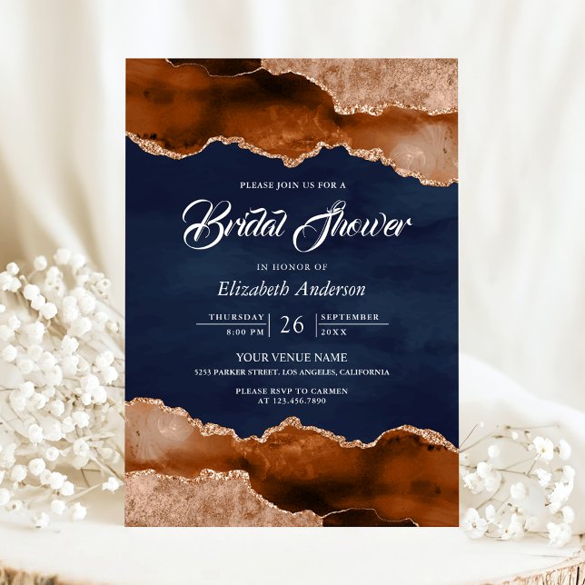 Convites Terracotta Agate Marble Navy Blue Bridal Shower (Criador carregado)