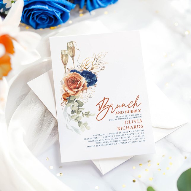 Convites Terracotta & Blue Brunch e Chá de panela de espuma (Navy Blue and Terracotta Bridal Shower Invitations)