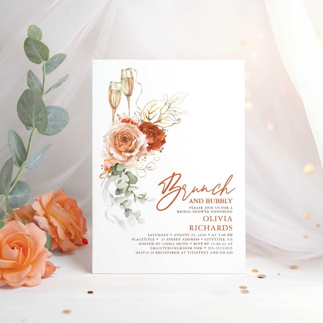 Convites Terracotta Boho Brunch e Chá de panela Bubble (Brunch and Bubbly - Terracotta Floral Boho Bridal Shower Invitations)