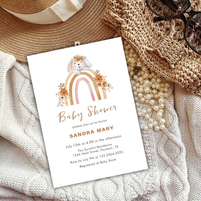 Convites Terracotta Boho Bunny Rainbow Chá de fraldas Flora (Terracotta Boho Bunny Rainbow Floral Baby Shower Invitation)