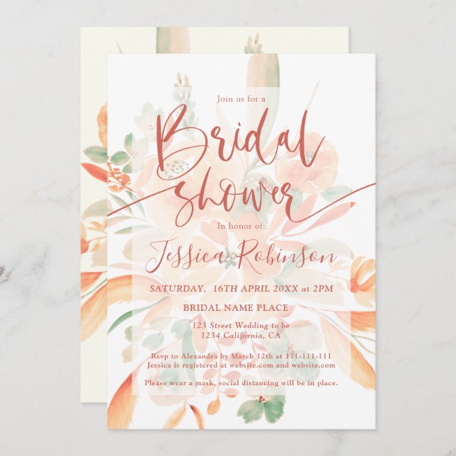 Convites Terracotta boho floral chá de panela de aquarelas  (Frente/Verso)