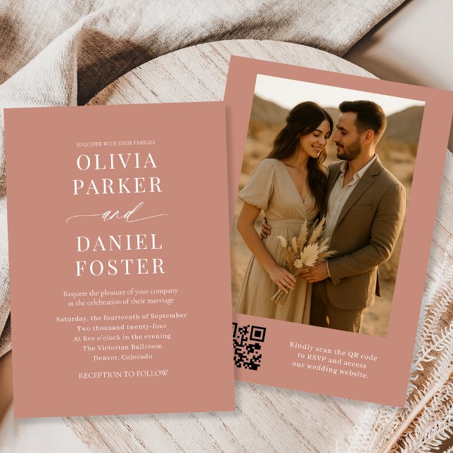 Convites Terracotta Boho QR Código Foto Elegante Casamento (Criador carregado)