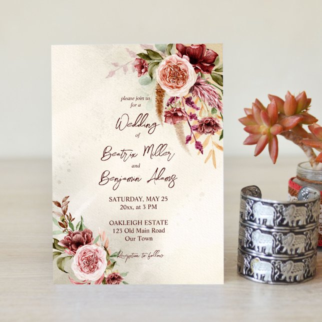 Convites Terracotta brown boho flowers wedding invitation (Criador carregado)