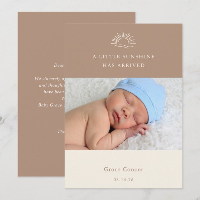 Convites Terracotta Brown Boho Photo Baby Announcement Card (Frente/Verso)