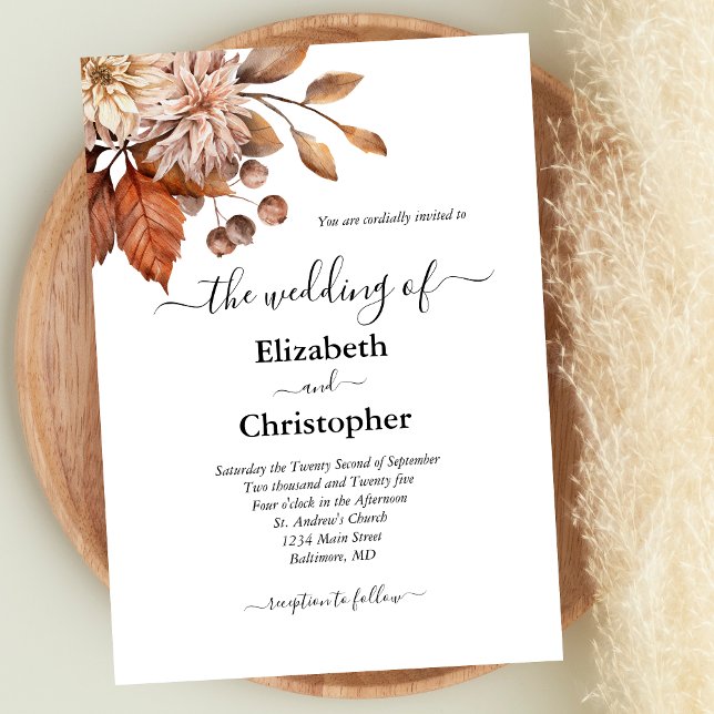 Convites Terracotta Brown Elegant Casamento Botânico Floral (Terracotta Rust Browns Fall Autumn Colors Boho Wedding invitation.)