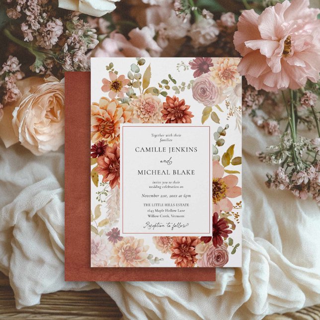 Convites Terracotta Burgundy Fall Floral Wedding Invitation (Fall Burgundy Rustic Wedding Invitation)