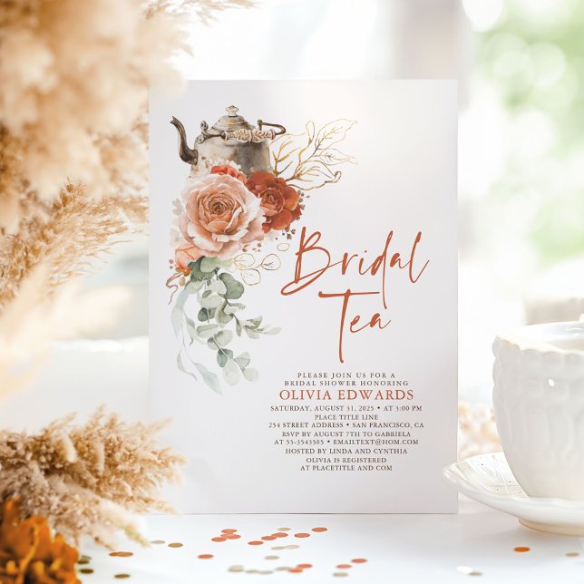 Convites Terracotta Burnt Orange Chá de panela Tea Party (Bridal Tea Terracotta Boho Bridal Shower Invitations)