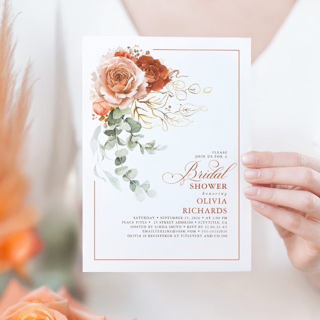 Convites Terracotta Burnt Orange Eucalyptus Chá de panela (Terracotta Floral Bridal Shower Invitation)