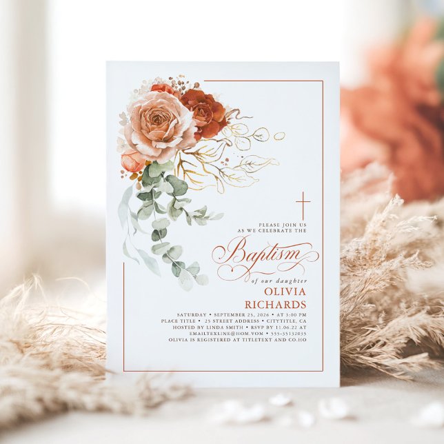 Convites Terracotta Burnt Orange Eucalyptus Floral Baptism (Terracotta Baptism Invitation)