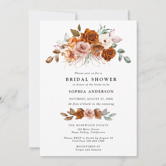 Convites Terracotta Burnt Orange Floral Bridal Shower (Frente)