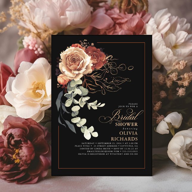 Convites Terracotta Burnt Orange Floral Chá de panela Preto (Black and Terracotta Floral Bridal Shower Invitations )