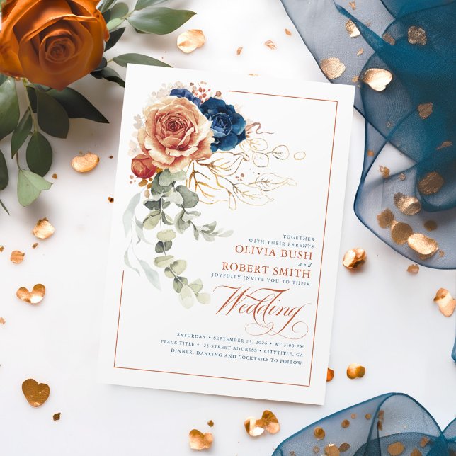 Convites Terracotta Burnt Orange Marinho Blue Floral Casame (Terracotta and Navy Blue Boho Wedding Invitations)