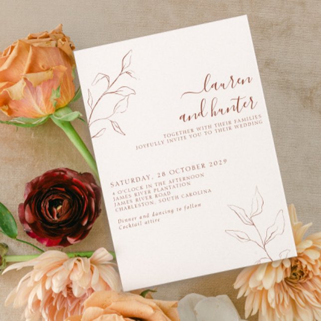 Convites Terracotta Burnt Orange Script Botanical Weding (Criador carregado)