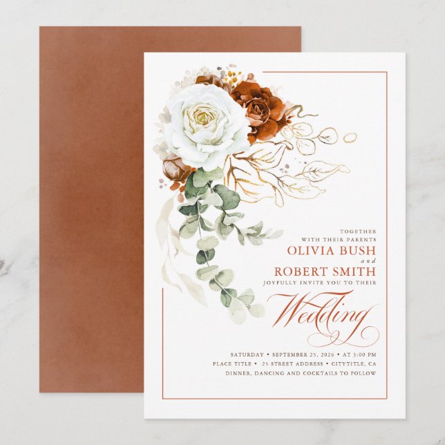 Convites Terracotta Burnt Orange & White Floral Weding (Frente/Verso)