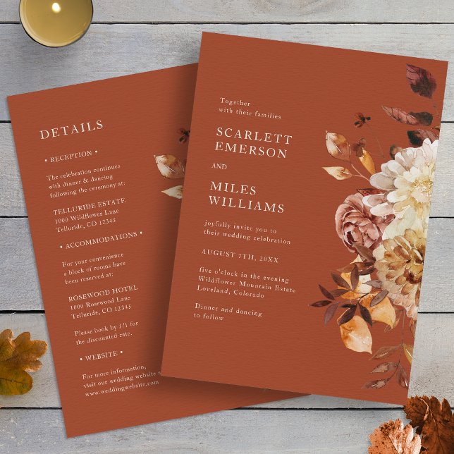 Convites Terracotta Cai Tudo Em Um Casamento (Rustic Terracotta Fall Floral All In One Wedding Invitation by Painted Paperie
)