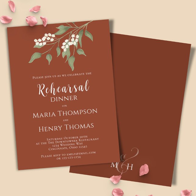 Convites Terracotta Calliografia Ampersand Greenery Floral (Terracotta floral greenery rehearsal dinner invitation with white floral accents. )