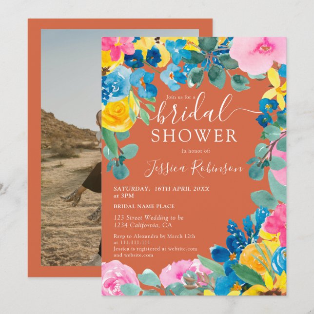 Convites Terracotta chá de panela de fotos florais de verão (Frente/Verso)