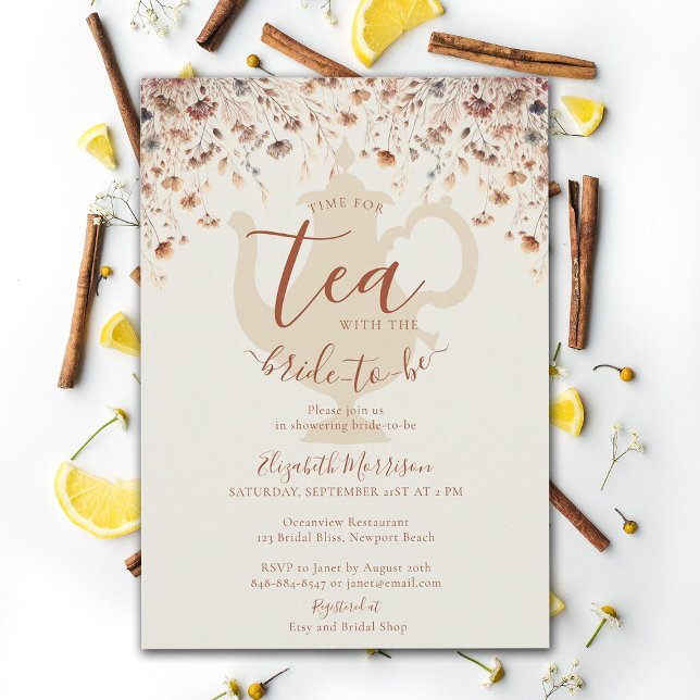 Convites Terracotta Chá de panela Tea Bride Flores Selvagen (terracotta floral bridal shower tea invitation modern elegant wildflowers meadow garden flowers time)