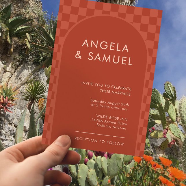 Convites Terracotta Checkered Modern Weding Invitation (Criador carregado)