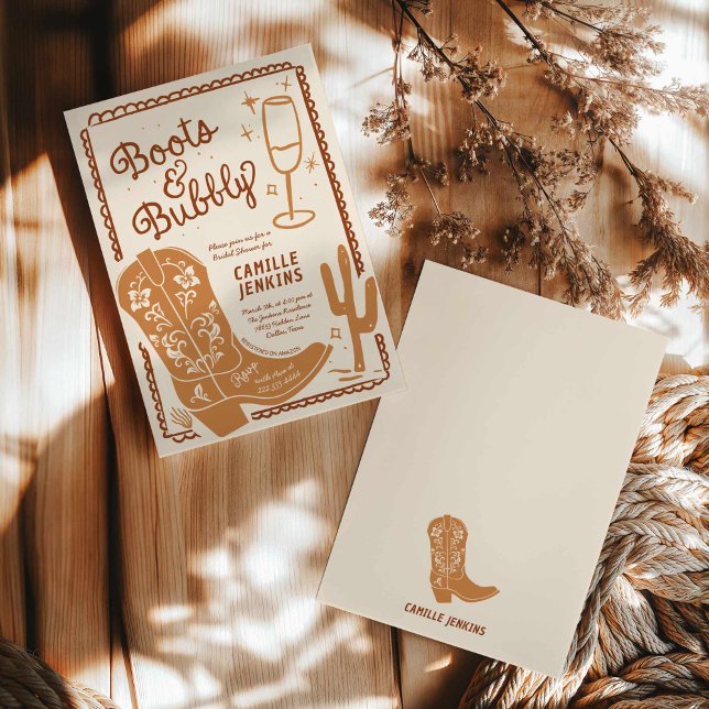 Convites Terracotta Country Chá de panela Brunch (Western Boots and Bubbly Bridal Shower Invite)