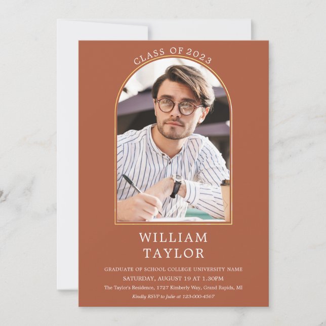 Convites Terracotta Dourada Arch Photo Festa de formatura I (Frente)