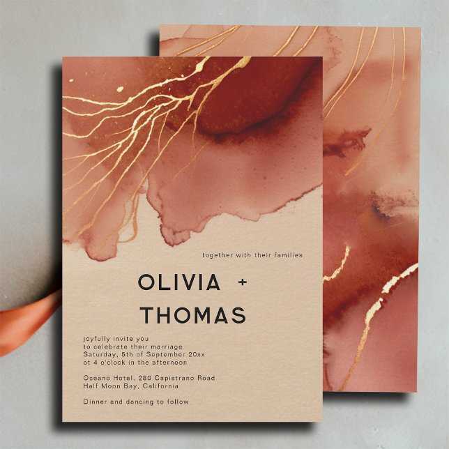 Convites Terracotta Dourada Modern Na moda Beach Casamento  (modern fall beach wedding invitation terracotta gold ink watercolor waves typography simple minimal)