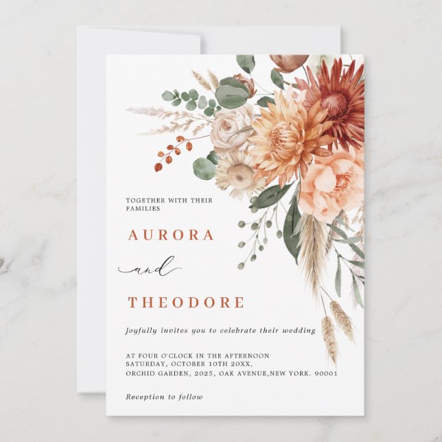 Convites Terracotta e Emerald Green Casamento Floral (Frente)