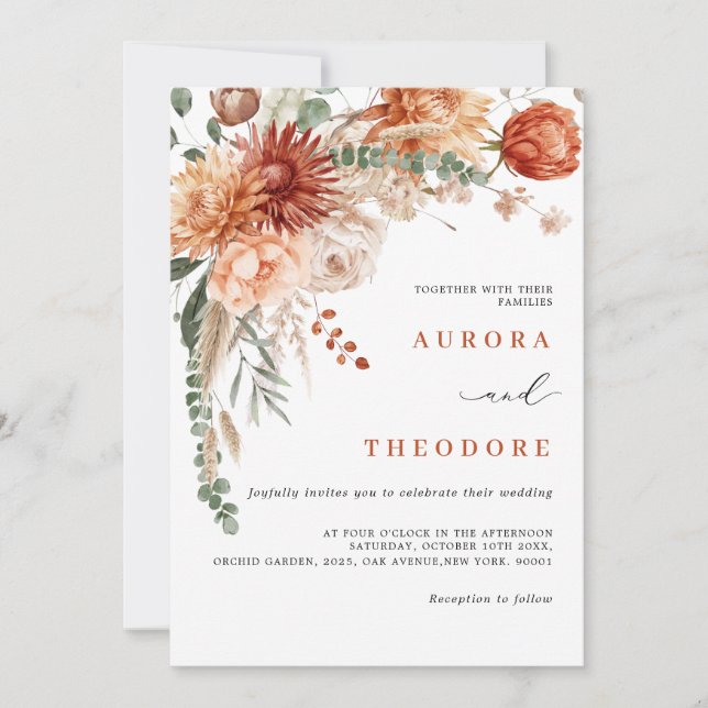 Convites Terracotta e Emerald Green Casamento Floral (Frente)